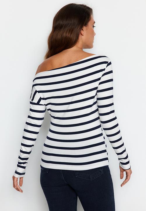 Trendyol - Striped premium soft fabric fitted/situated knitted blouse - navy blue