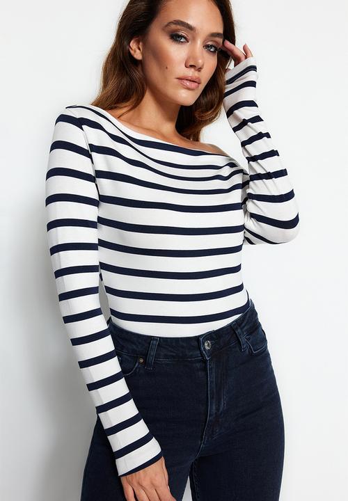 Trendyol - Striped premium soft fabric fitted/situated knitted blouse - navy blue