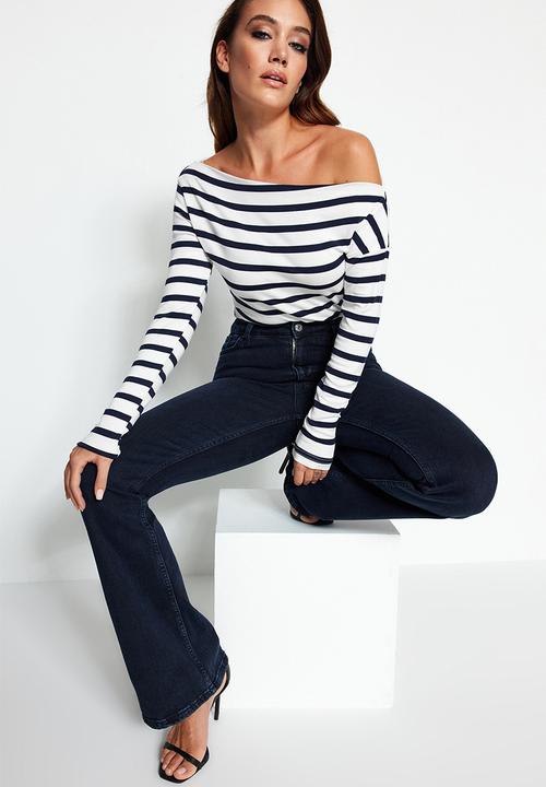 Trendyol - Striped premium soft fabric fitted/situated knitted blouse - navy blue