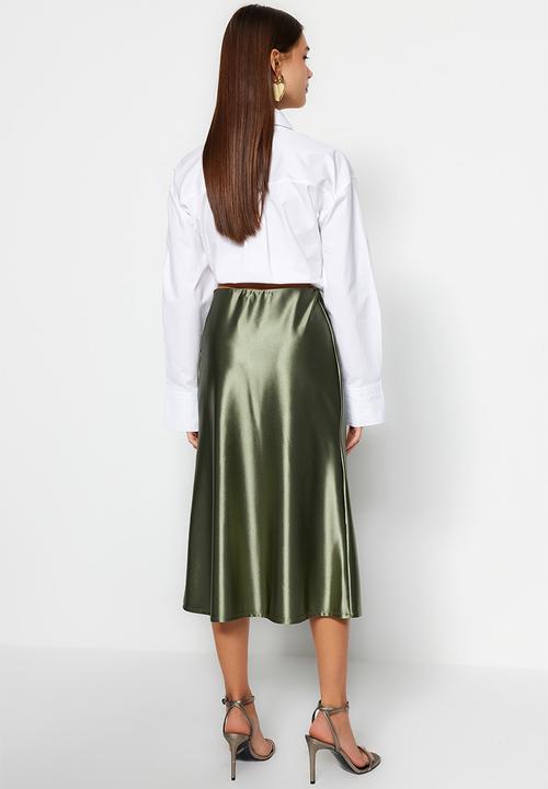 Trendyol - Premium satin a-line/awning formal midi knit skirt - green