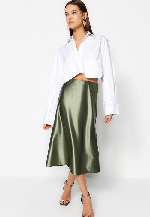 Trendyol - Premium satin a-line/awning formal midi knit skirt - green