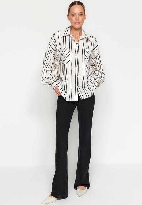 Trendyol - Striped oversize wide fit satin woven shirt - ecru