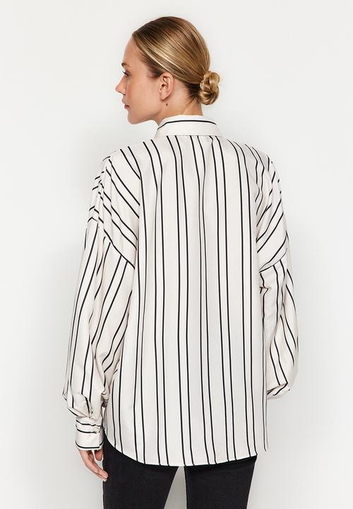 Trendyol - Striped oversize wide fit satin woven shirt - ecru