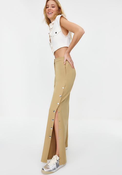 Trendyol - Wide leg woven trousers with side buttons - beige 