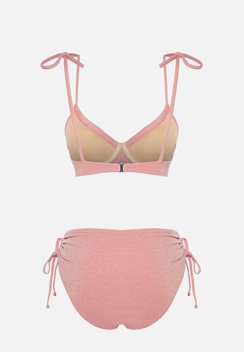 Trendyol - Balconette tie-up silvery high waist hipster bikini set - pink