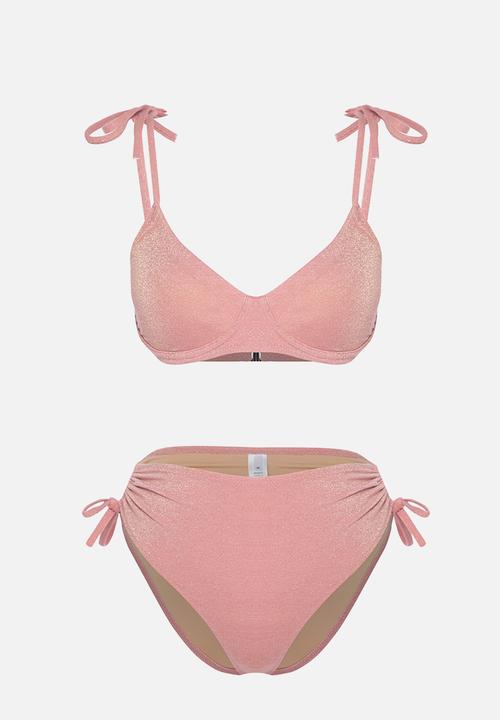 Trendyol - Balconette tie-up silvery high waist hipster bikini set - pink