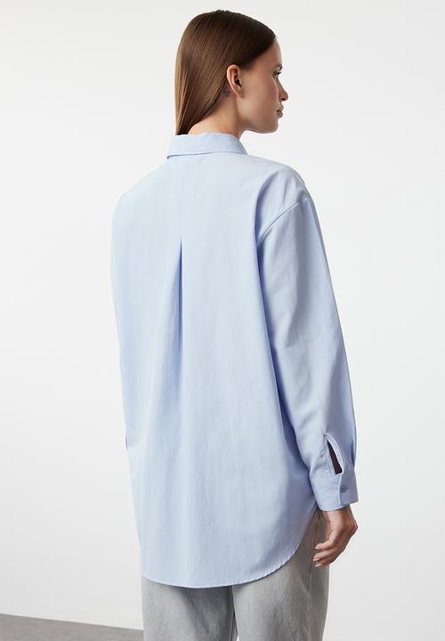 Trendyol - Collar stone detailed oversize wide fit woven shirt - blue