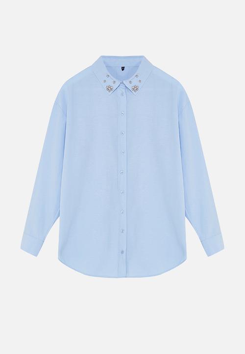 Trendyol - Collar stone detailed oversize wide fit woven shirt - blue