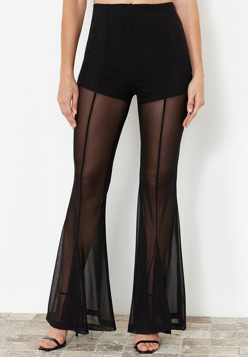 Trendyol - Flare leg transparent knitted tulle trousers - black