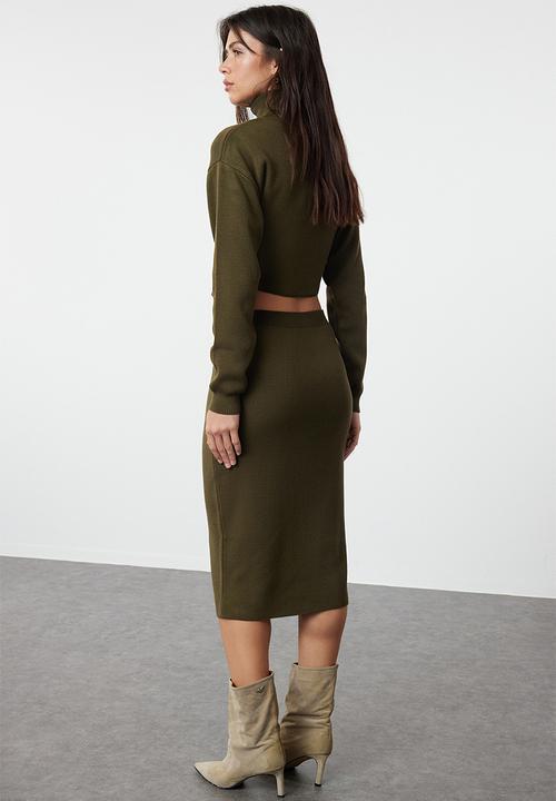 Trendyol - Midi pencil knitwear skirt - khaki