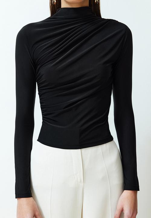 Trendyol - Gathered square neck fitted elastic knitted blouse - black