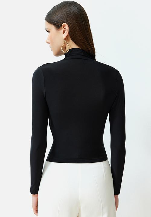 Trendyol - Gathered square neck fitted elastic knitted blouse - black