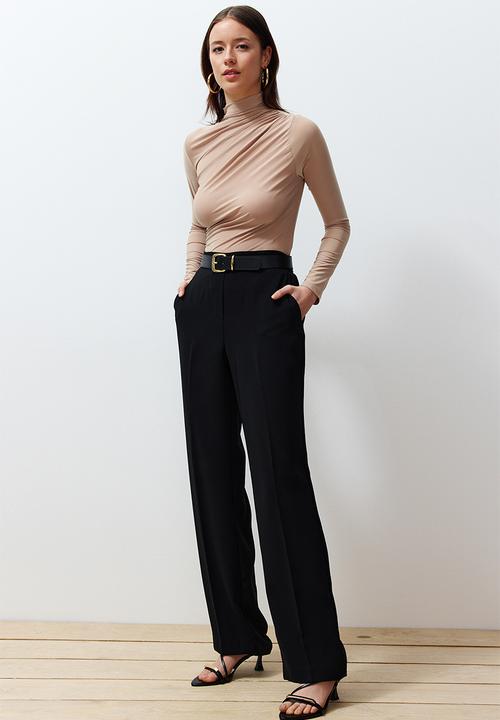 Trendyol - Gathered square neck fitted elastic knitted blouse - stone