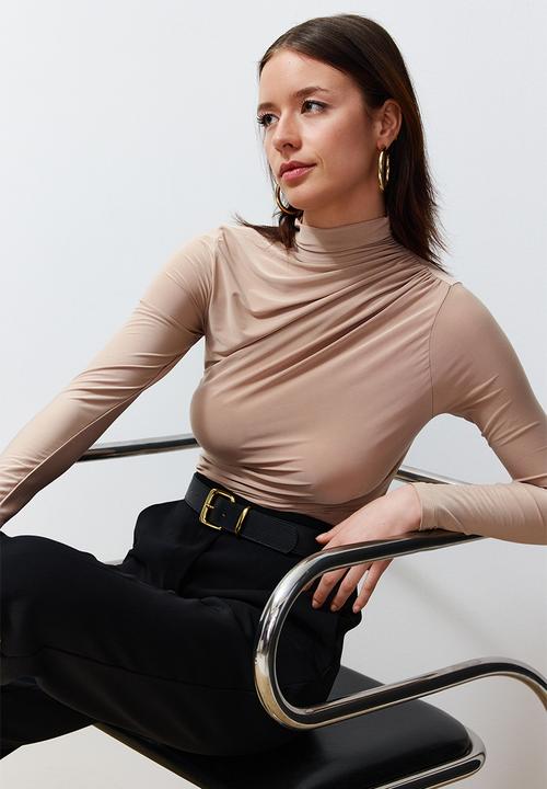 Trendyol - Gathered square neck fitted elastic knitted blouse - stone