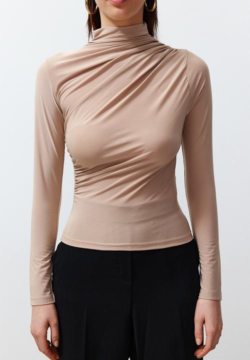 Trendyol - Gathered square neck fitted elastic knitted blouse - stone