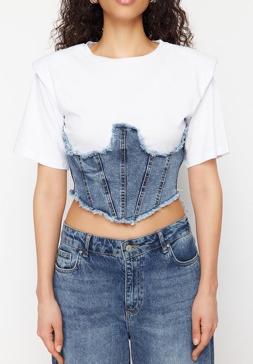Trendyol -  Denim detailed crop padded knitted blouse - white