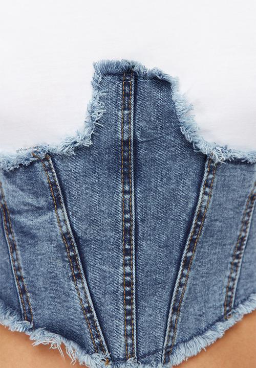 Trendyol -  Denim detailed crop padded knitted blouse - white