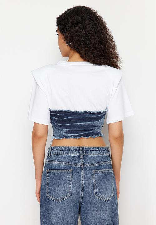Trendyol -  Denim detailed crop padded knitted blouse - white