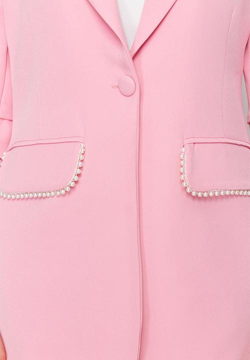 Trendyol - Detailed crepe jacket trousers woven bottom top set - pink pearl 