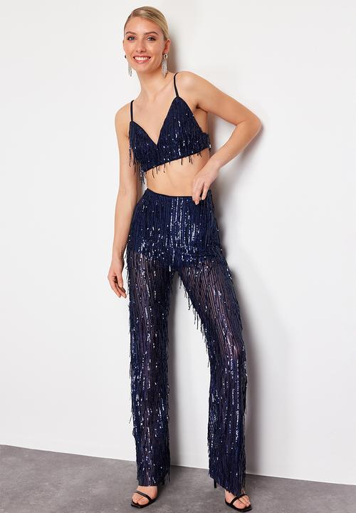 Trendyol - Wide leg knitted sequin trousers - navy blue