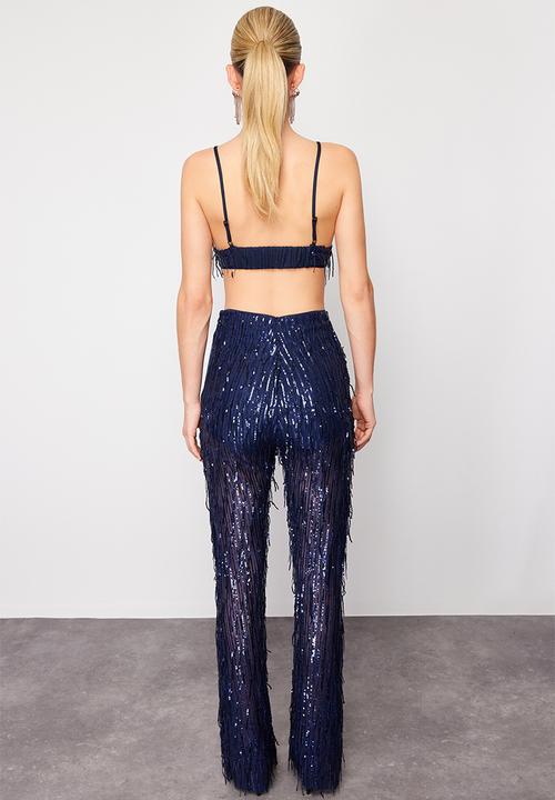 Trendyol - Wide leg knitted sequin trousers - navy blue