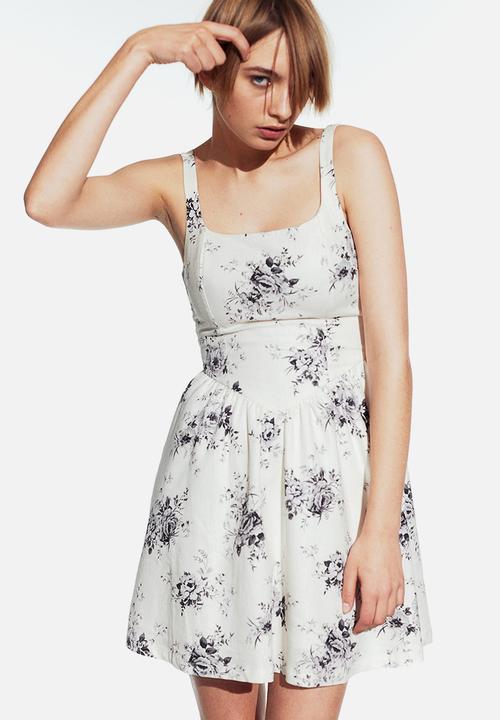 Linen-blend flared-skirt dress - cream/floral - 1212593003