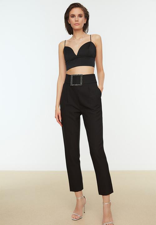 Trendyol - Belted shiny stone woven trousers - black