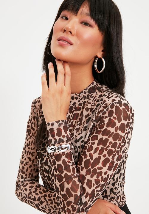 Trendyol - Animal leopard patterned high collar tulle knitted blouse - brown