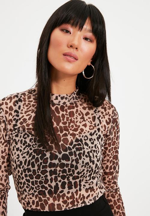 Trendyol - Animal leopard patterned high collar tulle knitted blouse - brown