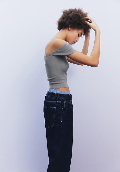 H&M - Rib-knit off-the-shoulder top - grey