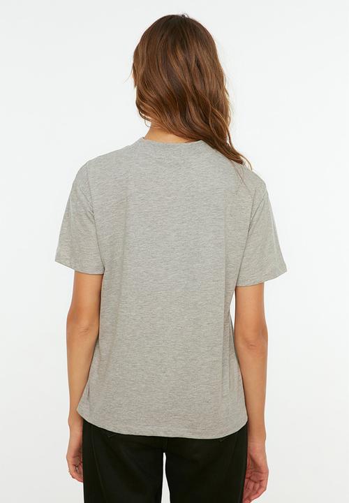 Trendyol - Basic stand-up collar knitted t-shirt - gray