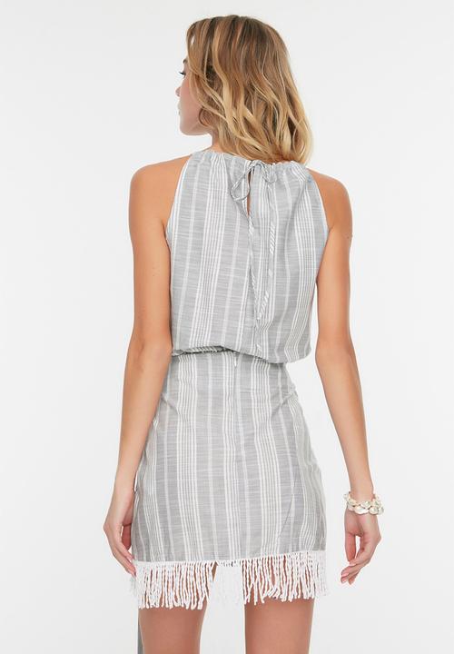 Trendyol - Striped woven tasseled blouse skirt set - gray
