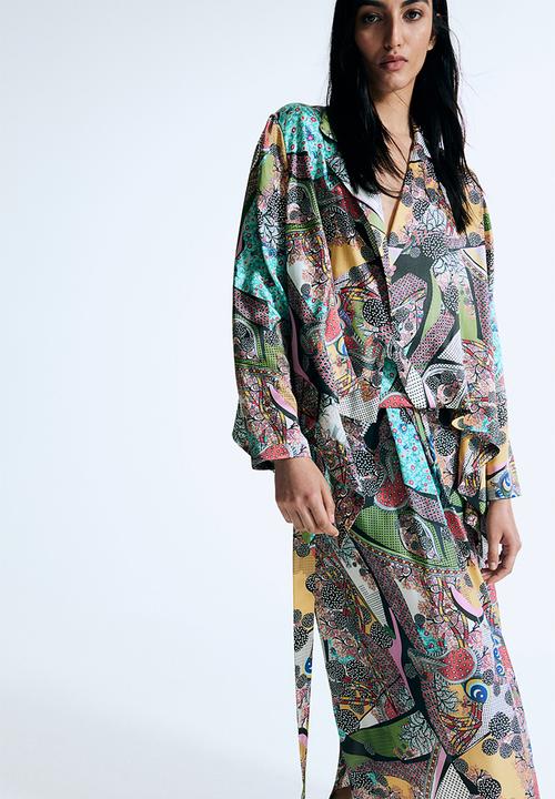 H&M - Anamika Khanna X H&M: Tie-belt abstract-motif silk shirt - multi 