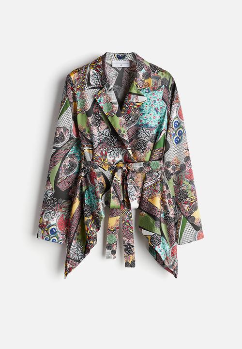 H&M - Anamika Khanna X H&M: Tie-belt abstract-motif silk shirt - multi 