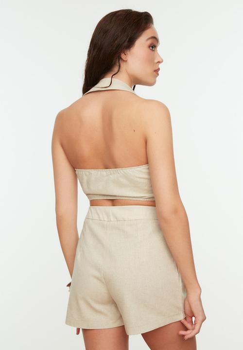 Trendyol - Woven tie linen blend blouse trouser suit - beige