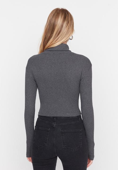 Trendyol - Fitted turtleneck finger detailed ribbed stretchy blouse - anthracite
