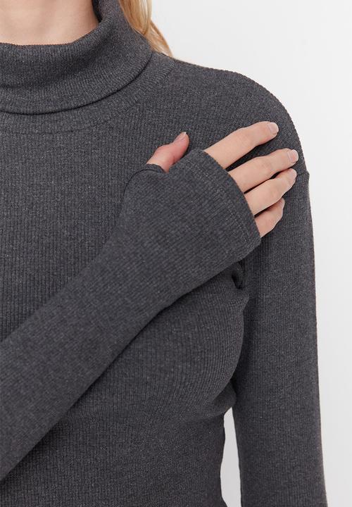 Trendyol - Fitted turtleneck finger detailed ribbed stretchy blouse - anthracite
