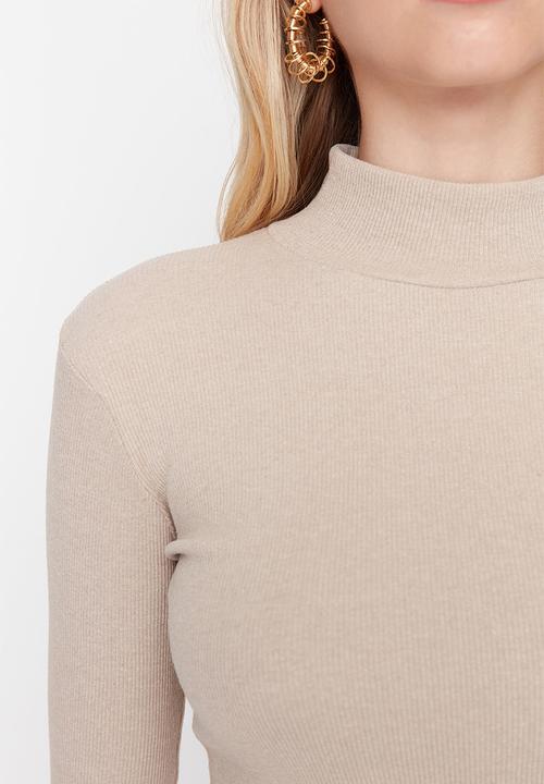 Trendyol - Fitted high collar long sleeve ribbed stretchy knitted blouse - beige