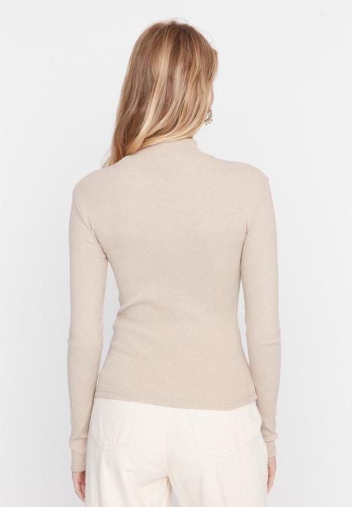 Trendyol - Fitted high collar long sleeve ribbed stretchy knitted blouse - beige