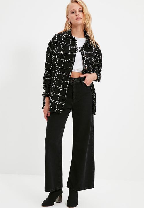 Trendyol - Plaid pocket detailed tweed woven jacket shirt - black
