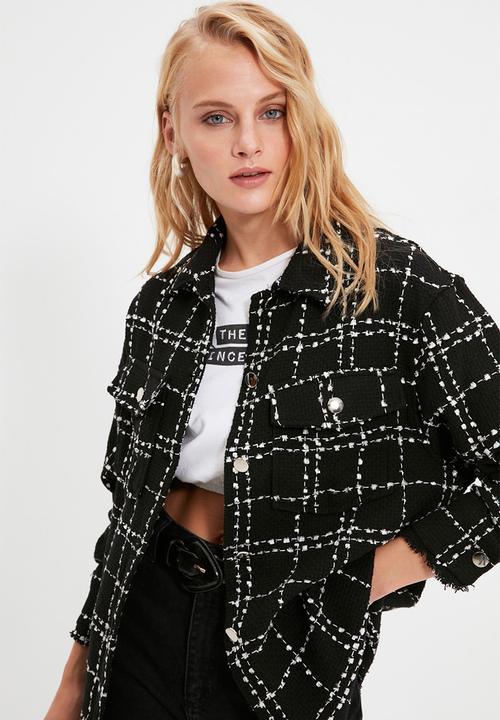 Trendyol - Plaid pocket detailed tweed woven jacket shirt - black