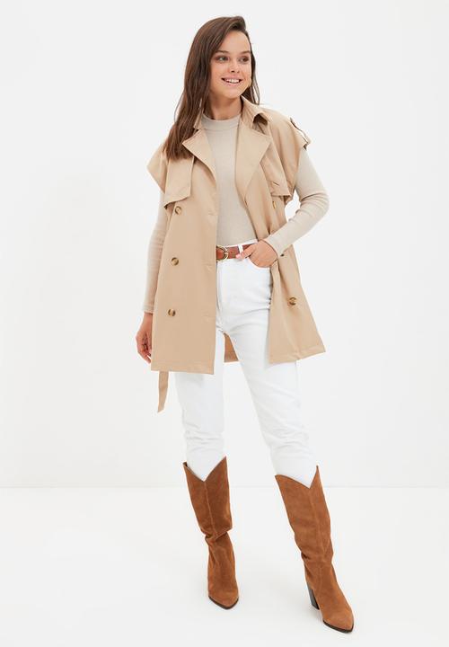 Trendyol - Belted double pocket trench coat vest - camel 