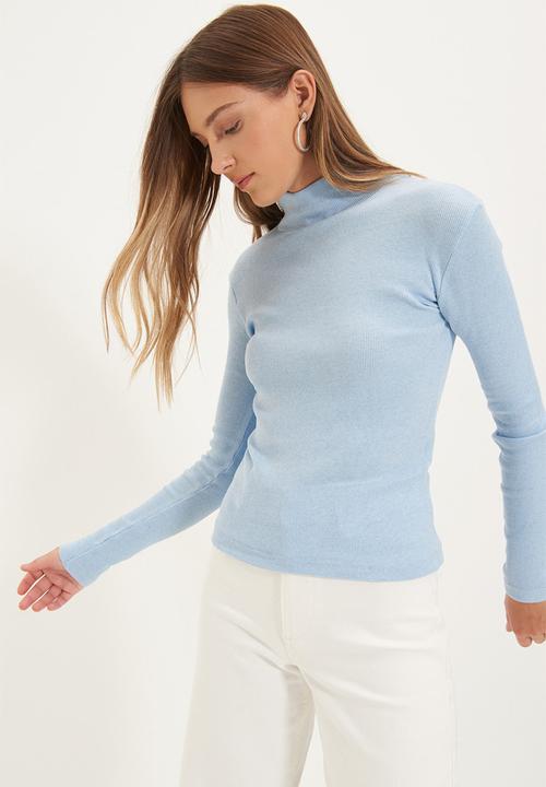 Trendyol - Fitted high collar long sleeve ribbed stretchy knitted blouse - blue