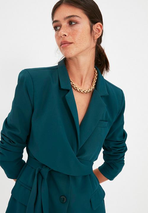 Trendyol - Regular lined tied woven blazer jacket - emerald green