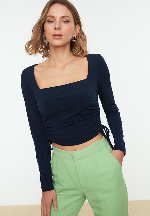 Trendyol - Square collar shirring detail/slippery top with crop - navy blue