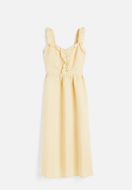 knee length dresses for ladies H&M L.O.G.G. Tropical Leaf Linen Blend Waist Tie Dress – Size Medium – Le  Prix Fashion & Consulting
