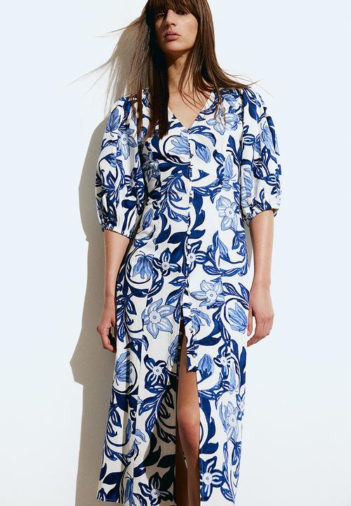 blue winter dresses for women Short Blue Dress With Tropical Palm Print Small / Blue main image 1