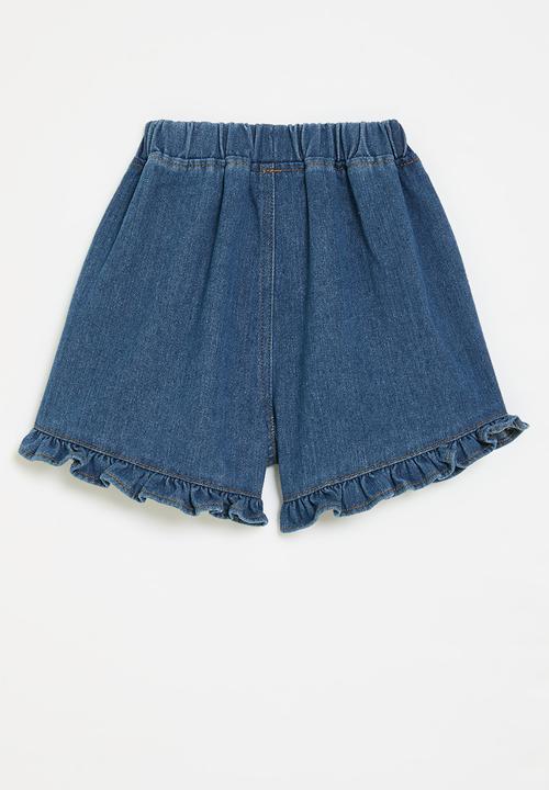 Pop Candy - Frilled hem denim shorts-dark blue