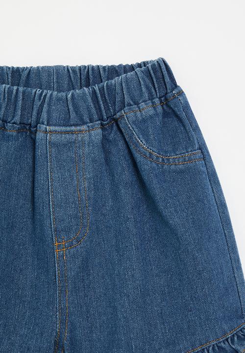 Pop Candy - Frilled hem denim shorts-dark blue