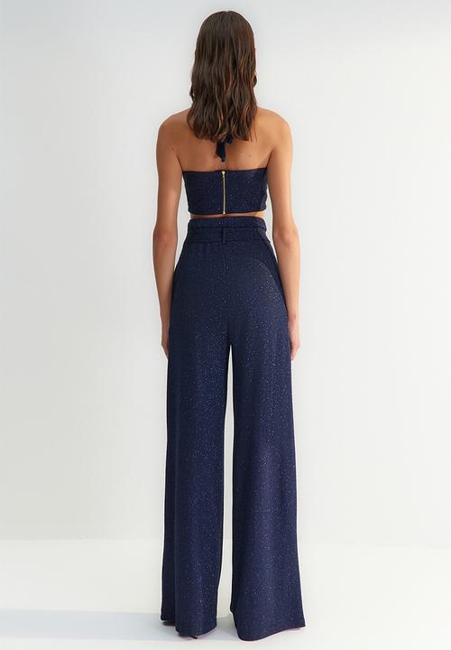 Trendyol - X zeynep tosun belted glittery knitted pants - navy blue 